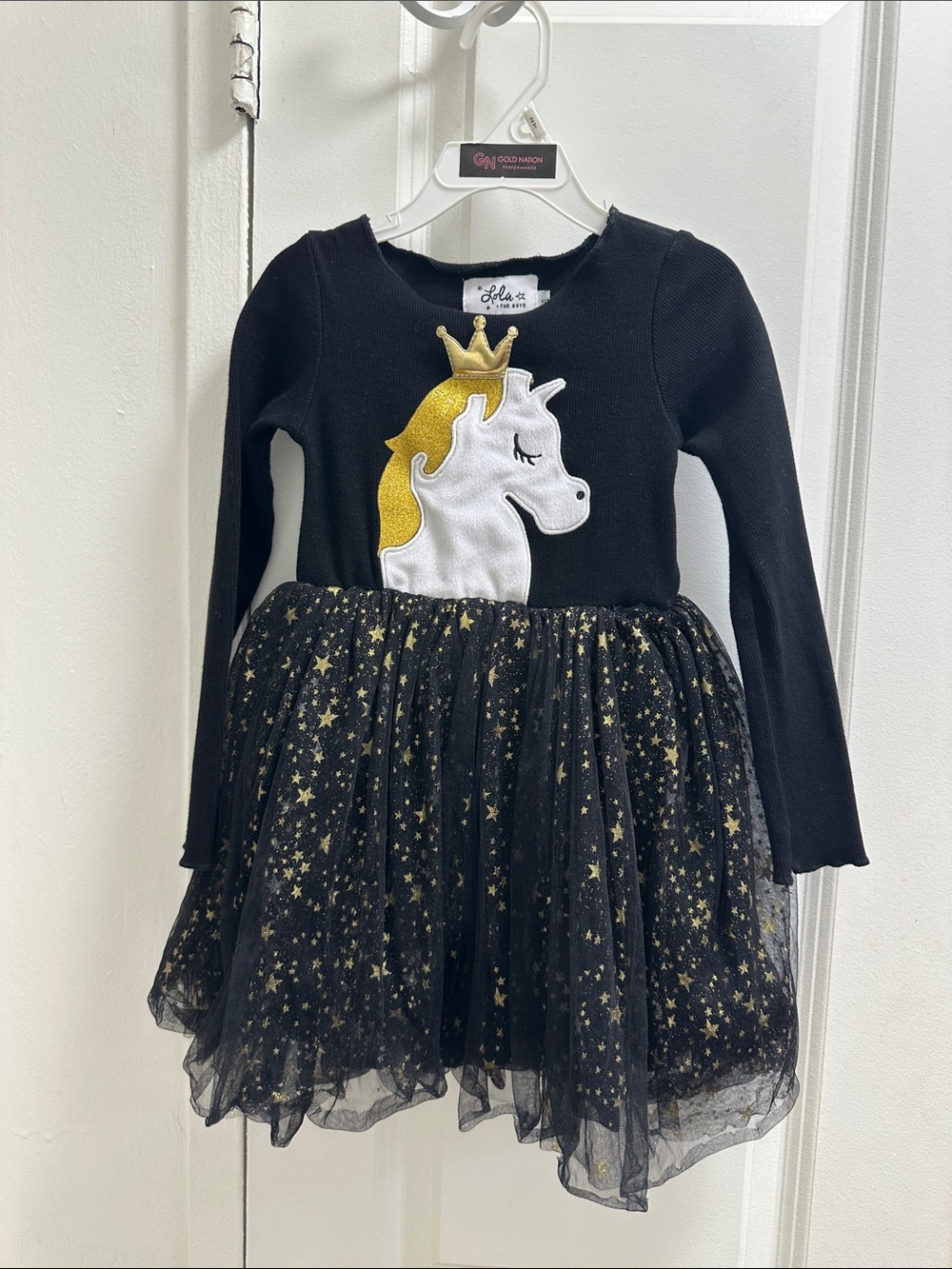Lola and the Boys 4T Girls Black Unicorn Tulle Dress with Gold Stars